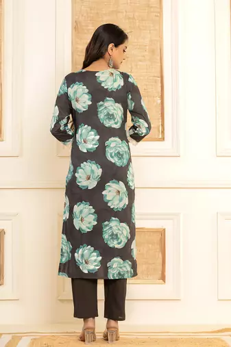  black floral print cotton straight side slits suit set