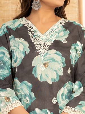  black floral print cotton straight side slits suit set 4