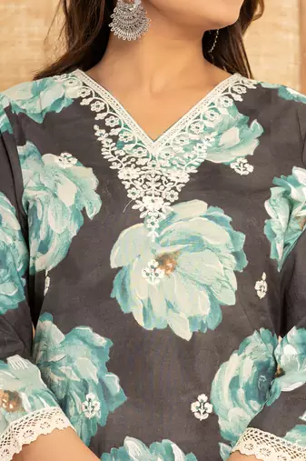  black floral print cotton straight side slits suit set