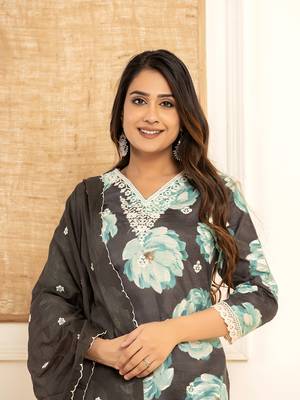  black floral print cotton straight side slits suit set 5