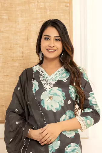  black floral print cotton straight side slits suit set