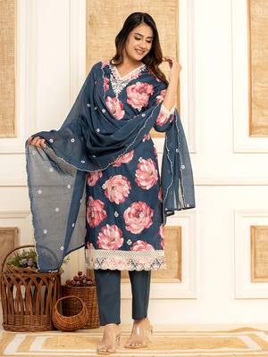  purple floral print cotton straight side slits suit set 1