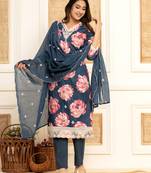  purple floral print cotton straight side slits suit set