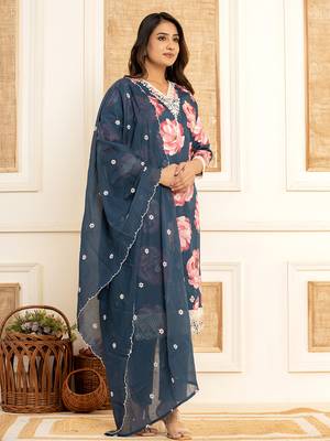  purple floral print cotton straight side slits suit set 2