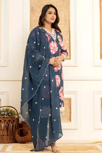  purple floral print cotton straight side slits suit set