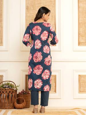  purple floral print cotton straight side slits suit set 3