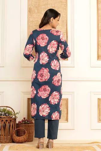  purple floral print cotton straight side slits suit set