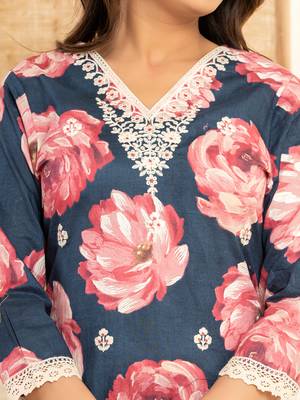  purple floral print cotton straight side slits suit set 4