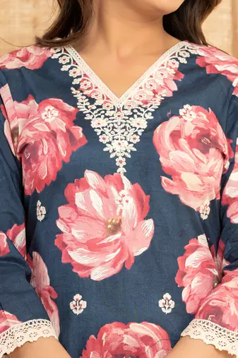  purple floral print cotton straight side slits suit set
