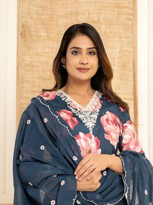  purple floral print cotton straight side slits suit set 5