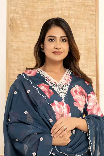  purple floral print cotton straight side slits suit set