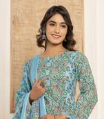  sky blue leaf print cotton pakistani style kurta and trousers with dupatta