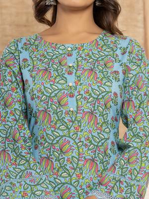  sky blue leaf print cotton pakistani style kurta and trousers with dupatta 4