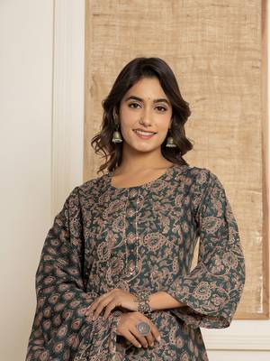 Yufta dark green sequins work cotton a-line kurta and trousers with dupatta set 1