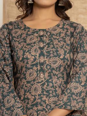 Yufta dark green sequins work cotton a-line kurta and trousers with dupatta set 4