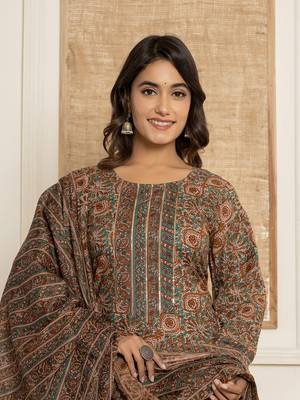  brown ethnic motifs,sequins work cotton straight kurta and trousers with dupatta set 1
