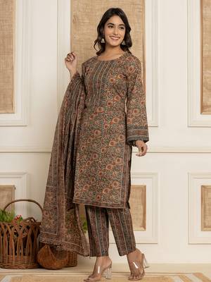  brown ethnic motifs,sequins work cotton straight kurta and trousers with dupatta set 2