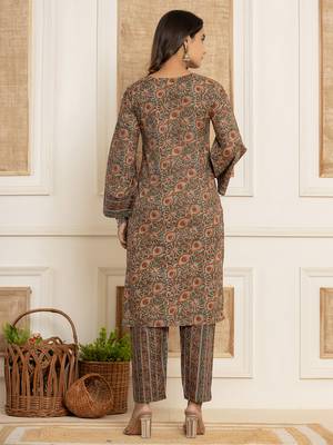  brown ethnic motifs,sequins work cotton straight kurta and trousers with dupatta set 3
