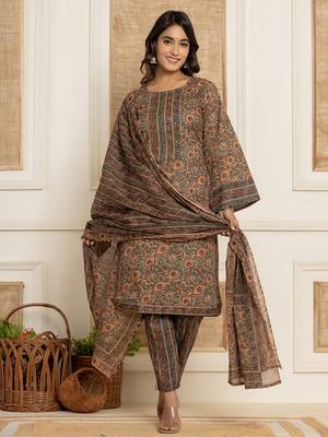  brown ethnic motifs,sequins work cotton straight kurta and trousers with dupatta set 5