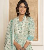  blue floral print cotton straight tassel work kurta and trousers with dupatta