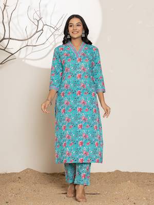  sea green leaf print sequins work cotton straight kurta and trousers set 1