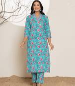  sea green leaf print sequins work cotton straight kurta and trousers set