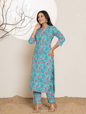 sea green leaf print sequins work cotton straight kurta and trousers set 2