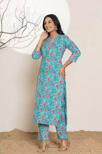  sea green leaf print sequins work cotton straight kurta and trousers set