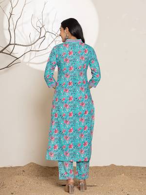  sea green leaf print sequins work cotton straight kurta and trousers set 3