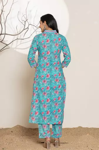  sea green leaf print sequins work cotton straight kurta and trousers set