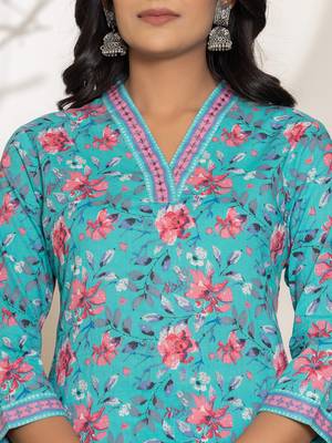  sea green leaf print sequins work cotton straight kurta and trousers set 4