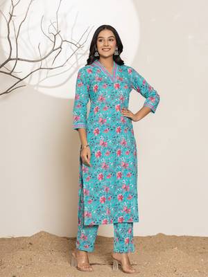  sea green leaf print sequins work cotton straight kurta and trousers set 5