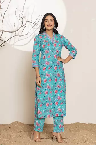  sea green leaf print sequins work cotton straight kurta and trousers set
