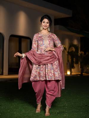  pink cotton embroidery a-line gathers kurta and dhoti pants with dupatta set 1