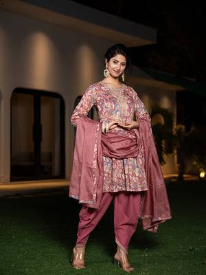  pink cotton embroidery a-line gathers kurta and dhoti pants with dupatta set 2