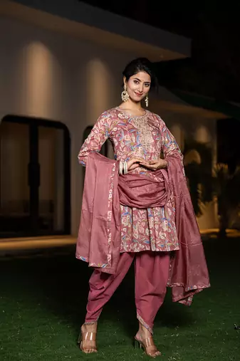  pink cotton embroidery a-line gathers kurta and dhoti pants with dupatta set