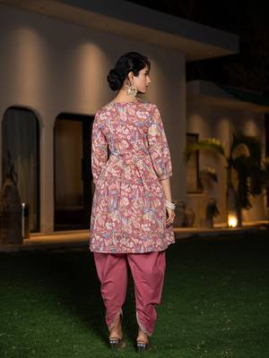 pink cotton embroidery a-line gathers kurta and dhoti pants with dupatta set 3