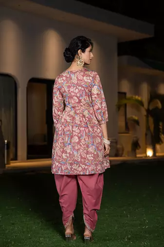  pink cotton embroidery a-line gathers kurta and dhoti pants with dupatta set
