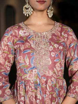  pink cotton embroidery a-line gathers kurta and dhoti pants with dupatta set 4