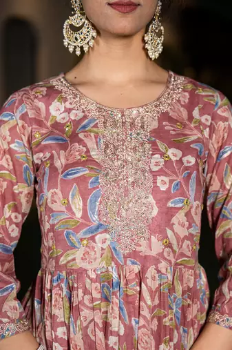  pink cotton embroidery a-line gathers kurta and dhoti pants with dupatta set