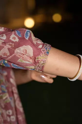  pink cotton embroidery a-line gathers kurta and dhoti pants with dupatta set