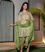  green cotton embroidery a-line gathers kurta and dhoti pants with dupatta set