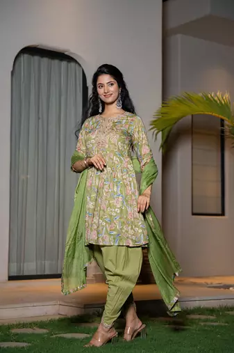  green cotton embroidery a-line gathers kurta and dhoti pants with dupatta set