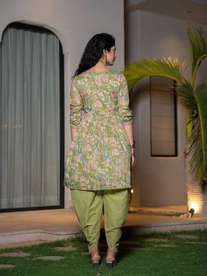  green cotton embroidery a-line gathers kurta and dhoti pants with dupatta set 3