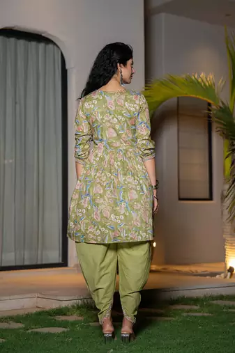  green cotton embroidery a-line gathers kurta and dhoti pants with dupatta set