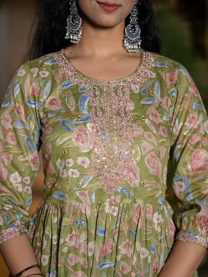  green cotton embroidery a-line gathers kurta and dhoti pants with dupatta set 4