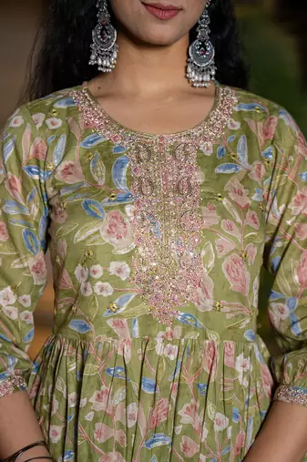  green cotton embroidery a-line gathers kurta and dhoti pants with dupatta set