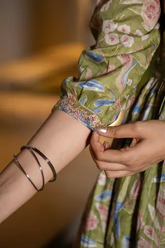  green cotton embroidery a-line gathers kurta and dhoti pants with dupatta set