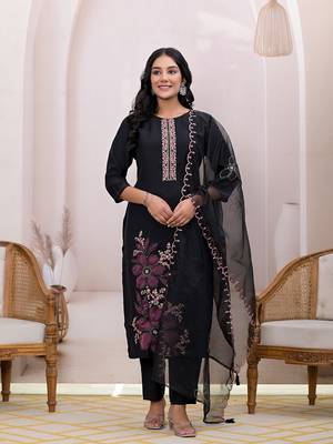  black embroidered silk blend straight kurta dupatta set 1