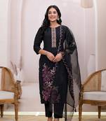  black embroidered silk blend straight kurta dupatta set